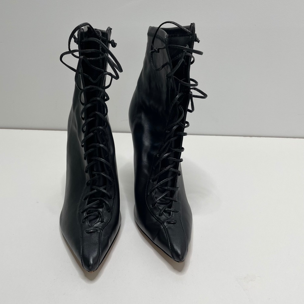 Schutz Tennie Black Leather Lace Up Pointed Toe Stiletto Boots 9B Witchy Costume - Picture 4 of 10